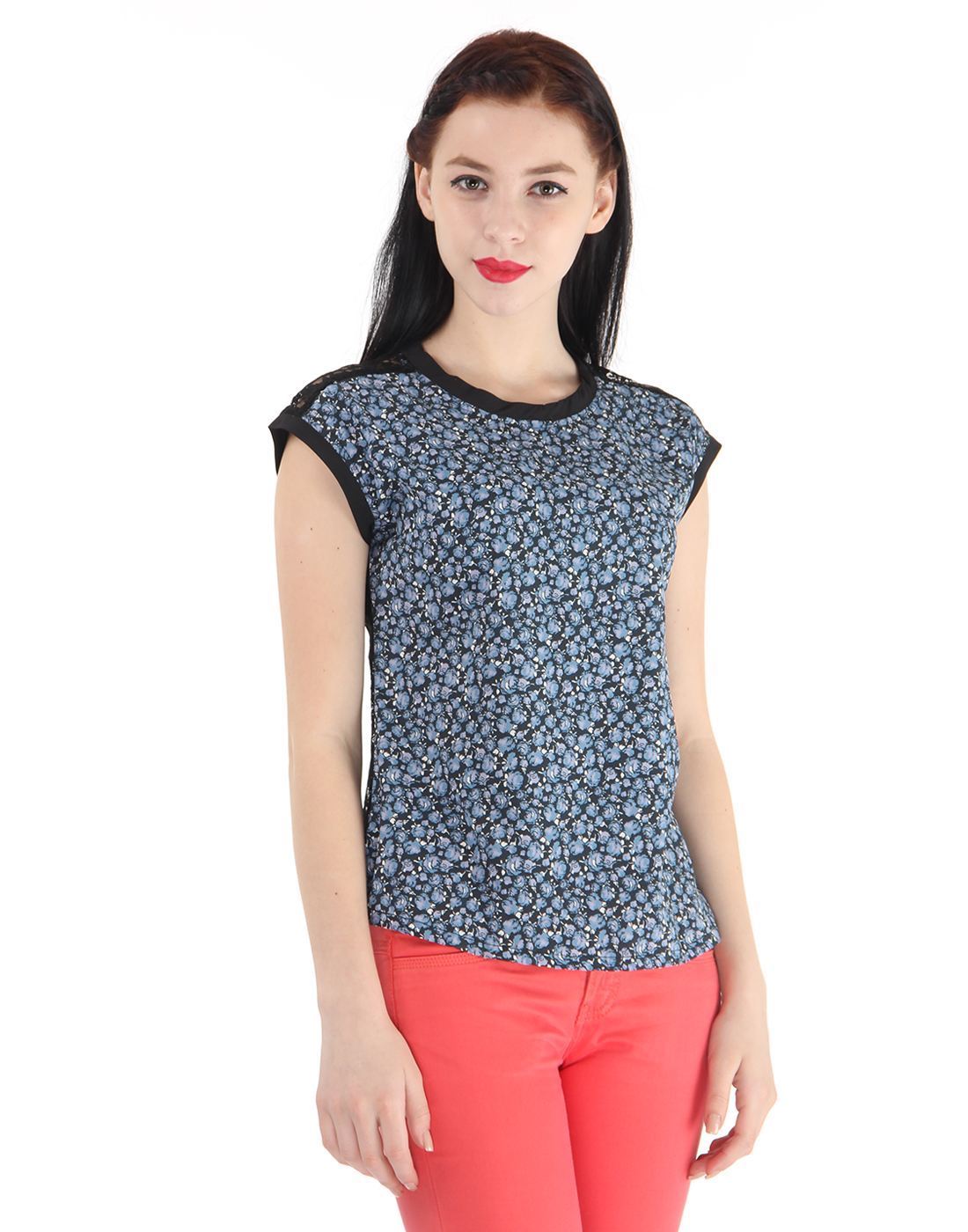 Pepe Jeans Women Casual Wear Black Floral Print Top